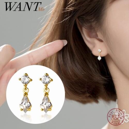 WANTME 925 Sterling Silver Geometric Shiny Zircon Hanging Earring Summer Simple Fashion Pendant Earrings for Women Jewelry