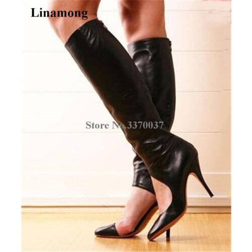 Women Spring Fashion Pointed Toe Black Leather Knee High Gladiator Boots Cut-out Long Back Zipper-up High Heel Boots