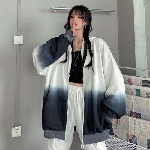 Tie-Dyed Sweater Women 's Hooded Thin Zipper Coat 2021 New Gradient Korean Style Loose All -Matching