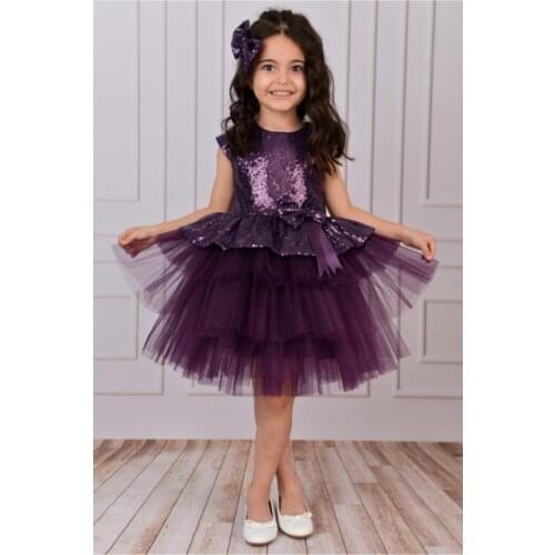 Female Child Purple Sequins Sequined Coat Gauze Evening Dress