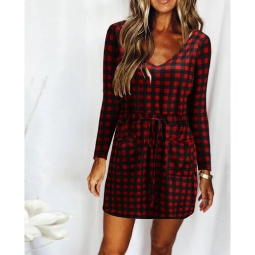 PLAID Women Tie-dye Printed Dress Autumn V-neck Long Sleeve with Pockets