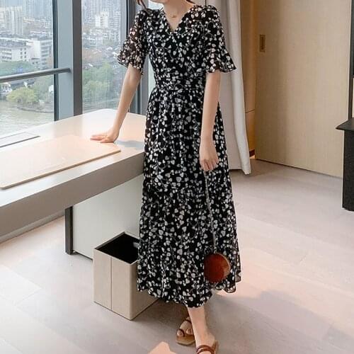 Boho Floral Print Women Dress 2020 Summer Black Short Sleeve Ruffled V-neck Chiffon Dresses Casual Beach Female Long Vestidos