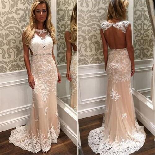 Scoop Neck Lace Appliques Mermaid Prom Dresses Sexy Backless Long Slim Natural Waistline Women Evening Party Gowns Custom Made