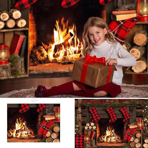 Winter Wooden Fireplace Decorations Background Red Sock Christmas Gifts Baby Cake Smash Birthday Portrait Backdrop Photo Studio