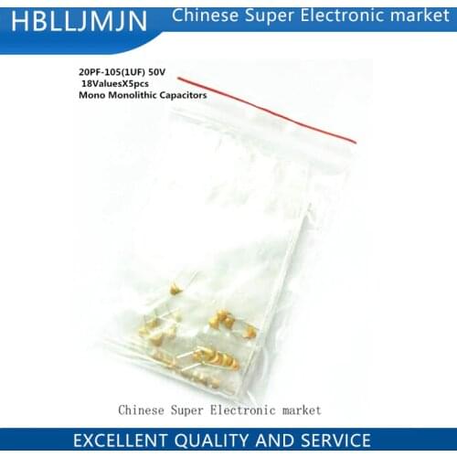 20PF-105(1UF) 50V 18ValuesX5pcs=90pcs Monolithic Capacitors Assortment Kit