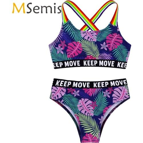 2Pcs Kids Girls Swimwear Swimsuit Straps Cross at Rear Open Back Print Crop Tops and Briefs Set Beach Pool Swimming Bathing Suit
