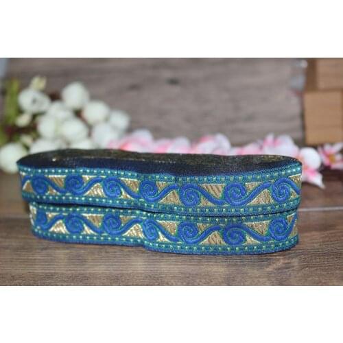 20yards/lots Woven Jacquard Ribbon 2cm gold background blue Geometric pattern IS-3057