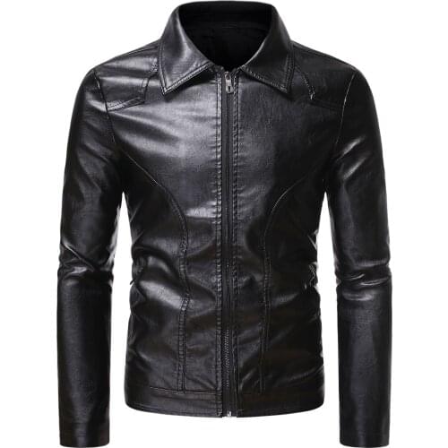 2020 Mens Motorcycle Slim Side Zipper Lapel Business Simple Casual Leather Jacket