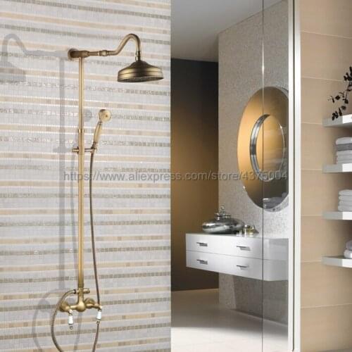 Antique Brass Bathroom Shower Faucet Set Double Handle 8" Rainfall Shower System with Handshower Nan502