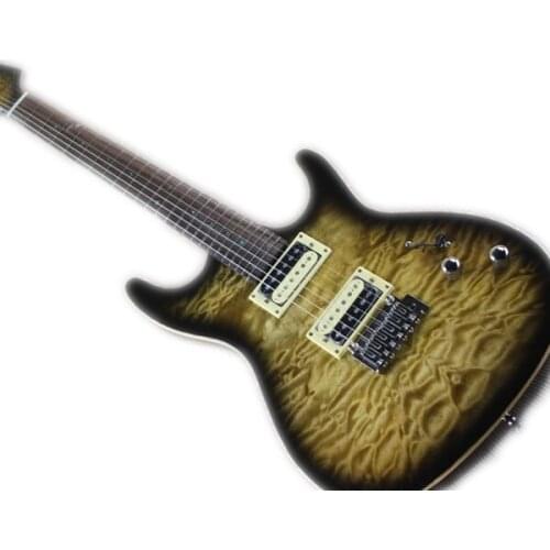 Free shipping custom yellow black electric guitar,HH pickups,fixed bridge, chrome buttons,squilted maple veneer
