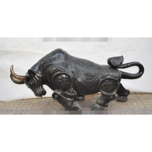 Free shipping S00093 39"china bronze copper wealth money coin ruyi Wall Street oxen bull Ox fu statue