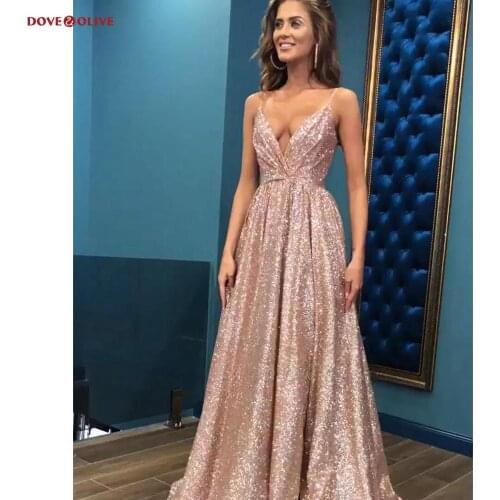 Sparkle Prom Dress Sexy Sequin Deep V Neck Simple Spaghetti Straps Evening Dresses 2020 Cheap Ruched Sleeveless Formal Party Gow