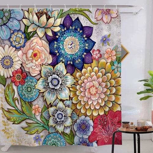 Boho Floral Plant Shower Curtain Bathroom Decorative Multi Color Flower Vibrant Blossom Set with 12 Hooks Waterproof Fabric