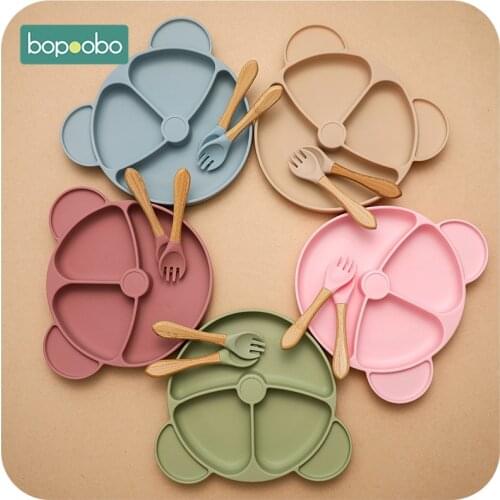 Bopoobo 1Set Baby Silicone Dining Plate Spoon Fork Waterproof Cartoon Children Dishes Suction BPA Free Feeding Training Bowls