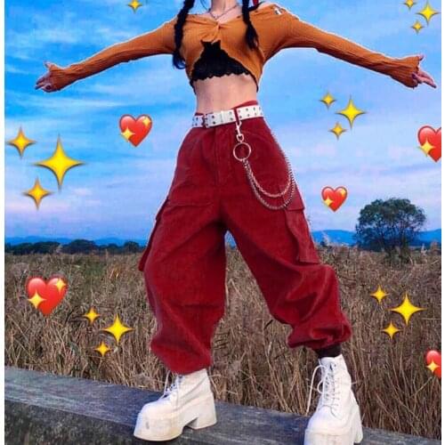 Cargo Pants Women Autumn Wild Casual Corduroy Trousers Fashion Streetwear Solid Color High-waist Chain Decorated Beam Feet Pants