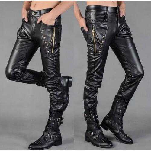 Motorcycle Faux Leather Pants Men Black Fashion PU Leather Male Trousers Street Brand Designer Soft Casual Stretch Mens Pants