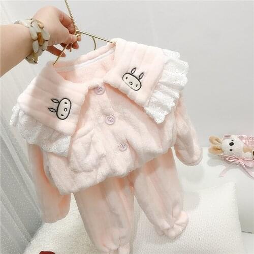 Kids Thick Warm Flannel Pyjamas Suits Baby Girls Lace Turn-Down Collar Tops+Pants Autumn Winter Children Home Clothes Sets