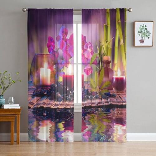Violet Candle Orchid Bamboo Stone Tulle Sheer Window Curtains for Living Room Kitchen Children Bedroom Voile Hanging Curtain