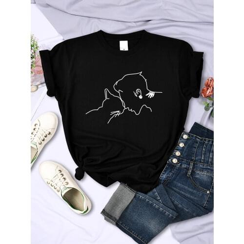 Black cute cat with handsome man print womens T-shirt vintage top oversize fashion T-shirts casual style loose womens t shirts