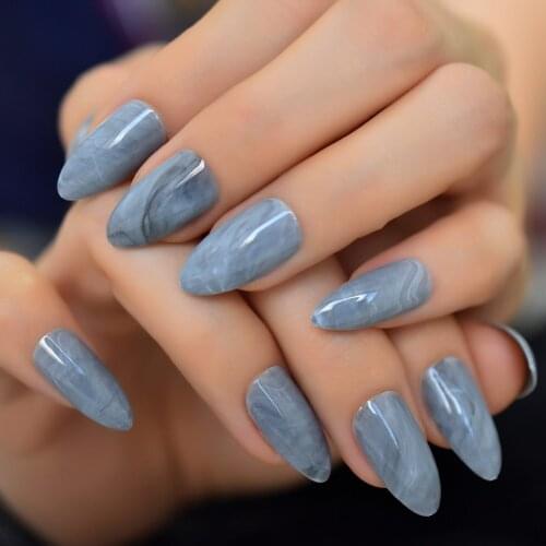Glossy Grey Marble Stiletto Fake Nails Stone Pattern Almond Oval Gray Stilettos Press on UV Gel Fake Nail Free Glue Sticker