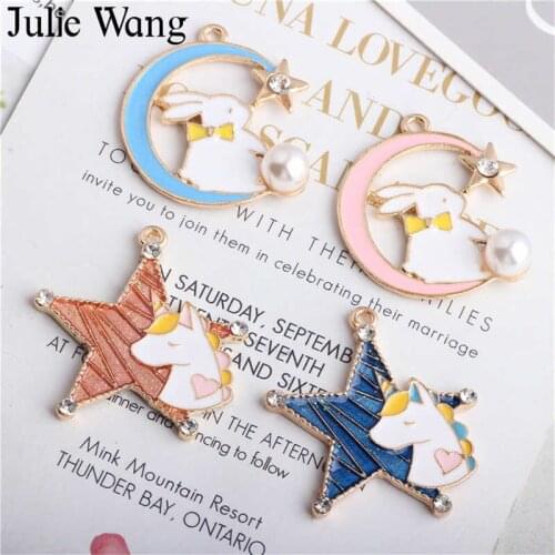 Julie Wang 5pcs Enamel Unicorn Star Rabbit Moon Charms Alloy Gold Tone Animal Pendant Necklace Bracelet Jewelry Making Accessory