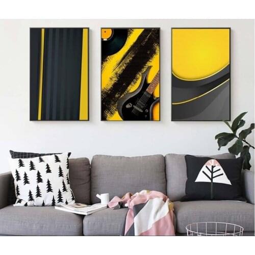 3 Pieces Yellow Black Guitar Decorative Painting Wall Art Print Picture Canvas Painting for Living Room No Framed