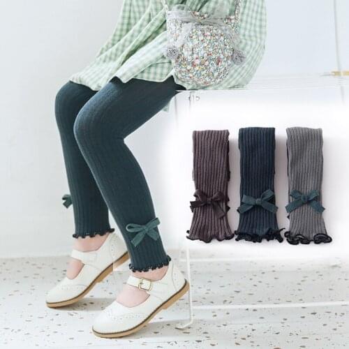 0-6T Spring Autumn Striped Bow Girl Leggings Toddler Cotton Infant Newborn Kids Ruffles Strumphose Knitted Skinny Pants for Baby