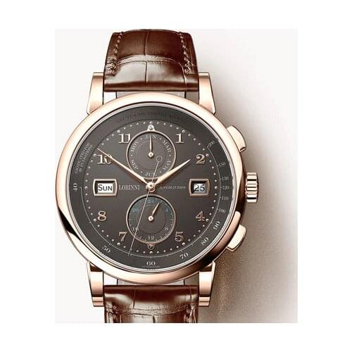 LOBINNI Men Vogue Dress 50M Waterproof Business Automatic Mechanical Wrist Watch With Month Week Date 24 Hour Format - Rosegold