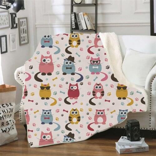 3D Printed Cute Cat Sherpa Blanket Velvet Plush Throw Fleece Blanket Bedspread Couch Sofa Quilt Cover Travel Bedding Outlet