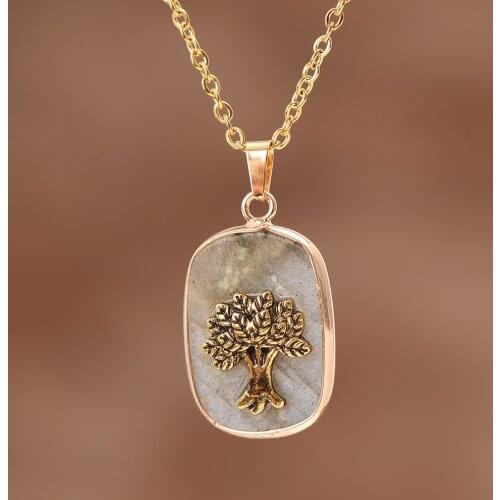 Life Tree Charm Moon Stones Pendant Steel Chain Necklace