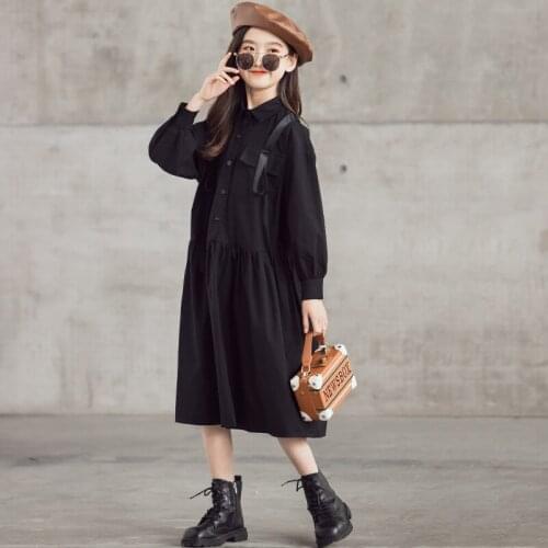 YourSeason Mid Length 2021 New Girls Spring Autumn Dresses Full Sleeve Baby Children Buttons Black Fashion Long Shirt Dress