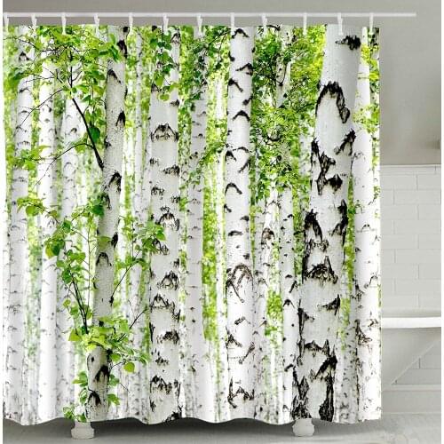 Birch Tree Forest Branch Leaf Shower Curtains Waterproof and Mildew Resistant Fabric Bathroom Decor Hanging Curtain White Green