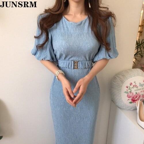 Chic Summer Sundress Women 2020 Puff Sleeve Office Lady Dress Vintage Elegant Korean Lady Slim Vestidos With Belt Robe Femme