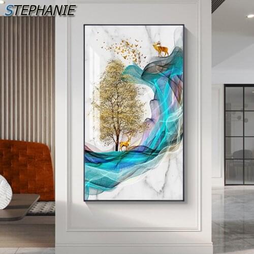Modern Golden Tree Abstract Canvas Painting Nordic Deer HD Poster N Print Contemporary Wall Art Picture for Living Room Bedroom