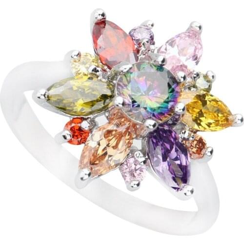 Trendy-Swiss Multi-Color Rainbow Stone 5*5mm Semi-precious Stone Silver Cool For Women Ring Q1190