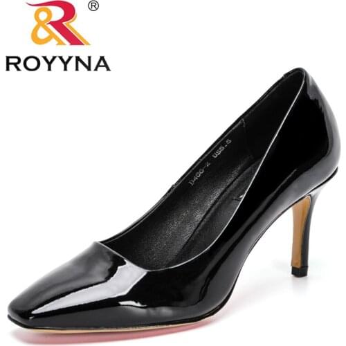 ROYYNA 2021 New Designers Geniune Patent Leather Shallow Fashion Pumps Women High Heels Red Sole Pointed Toe Pumps Show Ladies