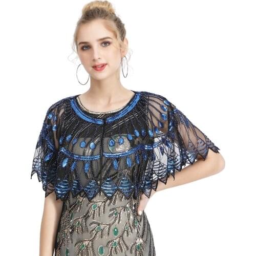 Vintage 1920s Clothing Women Fashion Sequins Party Dinner Scarf Shawls Mesh Beaded Cloak Elegant Capelet #P007