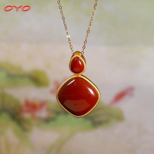 Real S925 Silver South Red Square Pendant Fashion Simple Womens Necklace