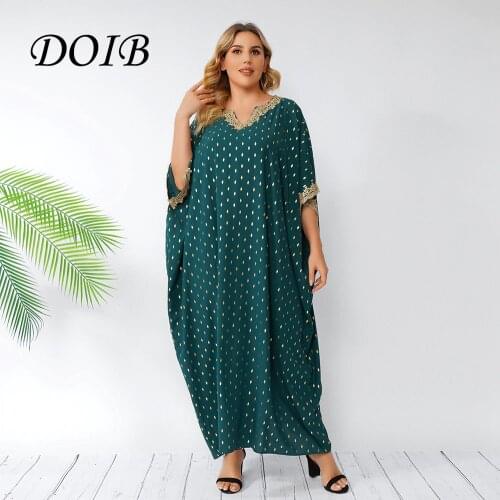DOIB Women Blue Polk Dot Color Dress Plus Size Lace Decoration Batwing Sleeve Dress 2021 Summer Casual Dress