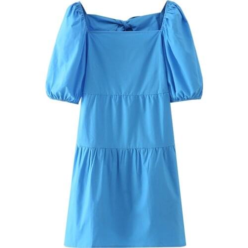 Summer womens casual solid color square neck short-sleeved bow-knot decoration slim dress