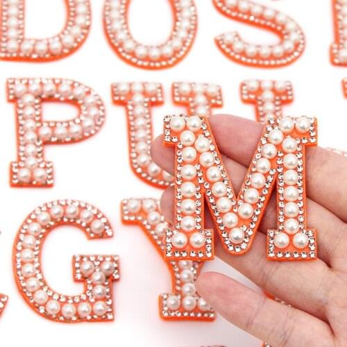 1Pcs Pearl Letter Patches Orange Base Rhinestone Patch Applique 3D English Alphabet Sew On Patches For Clothes Badge DIY Name