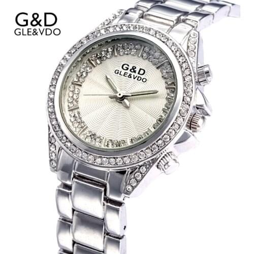 2017 G&D GLE&VDO Luxury Womens Watches Silver Womems Bracelet Watches Rhinestone Ladies Dress Watch relogio feminino Rhinestone