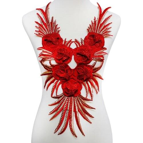 5piece Red 3D Beaded Rhinestones Lace Collar Embroidered Pattern Lace Applique Iron on Patches Craft Clothes Sewing T2063