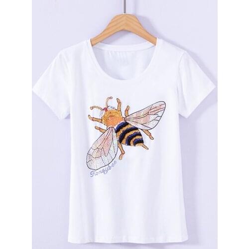 Brand Fashion Womens High-end Luxury Summer Beaded Diamond Bee Sequins Slim Short-sleeved T-shirt Tees Top