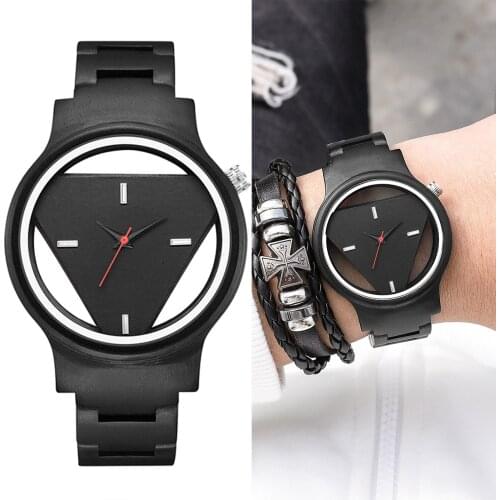 Creative Bamboo Wood Wrist Watch Men Novel Design Hollow Triangle Dial Quartz Mens Watches Best Gift Christmas Watches