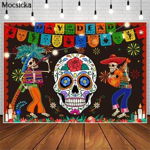Day of The Dead Backdrop for Mexican Fiesta Sugar Skull Photography Background Birthday Party Banner Decor Photo Booth Shoot