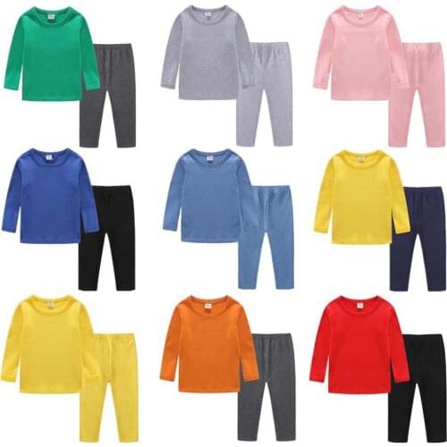 Kid Spring Sleepwear Childrens Clothing Pure Color Long Sleeve Cotton Soft Kid Warm Pajamas Baby Boys Girls Tops Pants Set