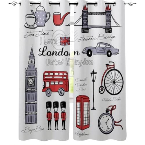 London Building Red Bus Bicycle Window Curtains for Living Room Home Decor Child Bedroom Kitchen Curtains Drapes