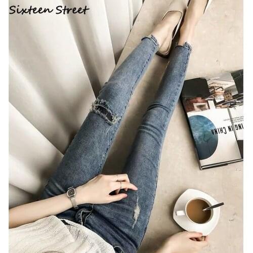 Chic Ripped Pencil Jeans Woman Mom High Waist Denim Fashion Indie Clothes Aesthetic Sexy Ankle Length Pants Vintage Streetwear