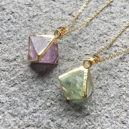 FUWO Natural Fluorite Crystal Necklace With Gold Color Plated Brass Chain Simple Cute Pyramid Jewelry Wholesale NC260